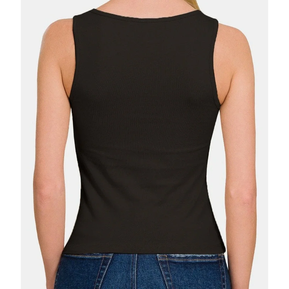 Zenana Black Square Neck Tank Top Sleeveless Knit Cami Basic Layering Tee